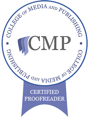 A certified proofreader badge awarded by the College of Media and Publishing